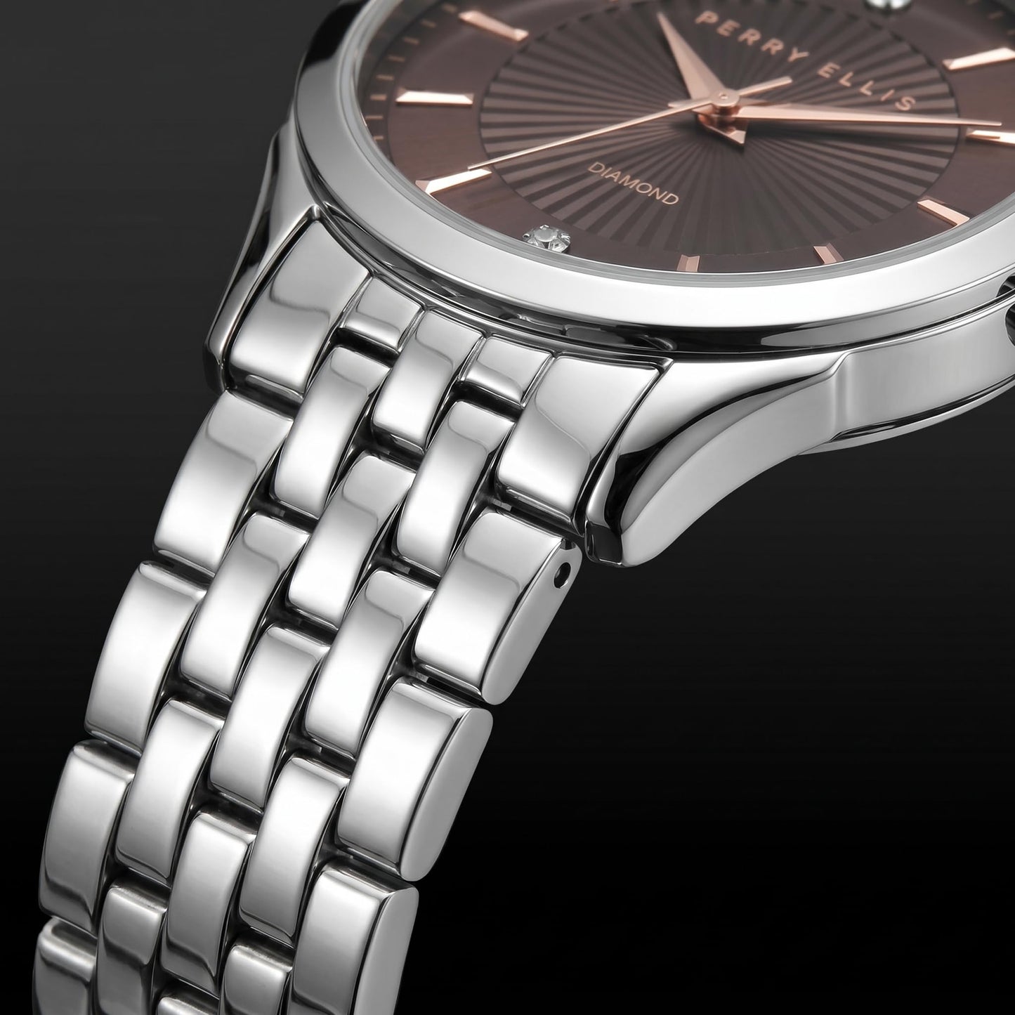 Perry Ellis Ultra Slim Men’s Round Silver Watch 41mm Brown Textured Dial Bracelet Diamond Accent