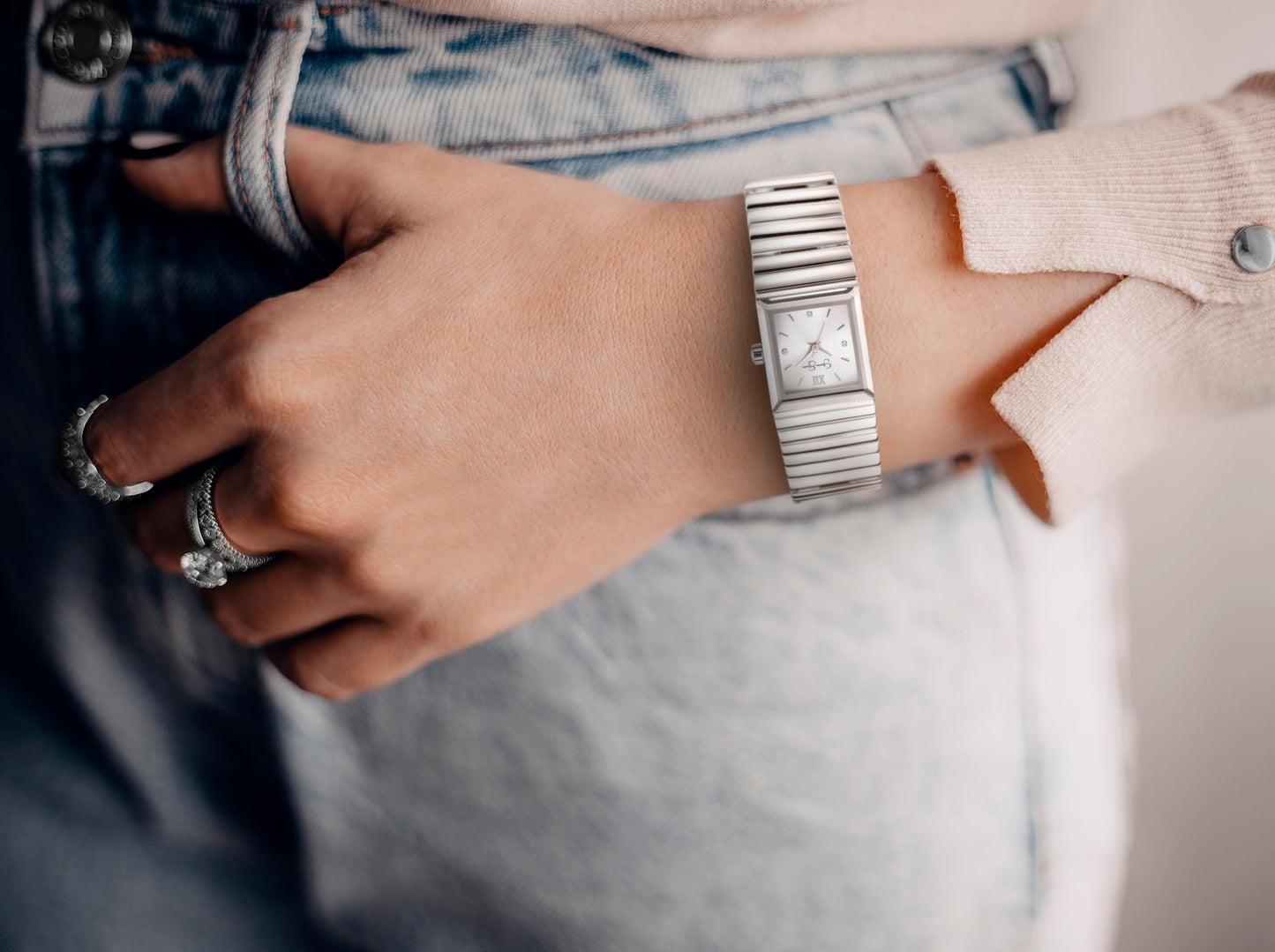 Jessica Simpson Women’s Rectangular Silver Watch 20mm Silver Sunray Dial Crystal Dial