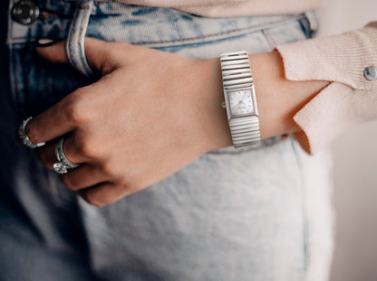 Jessica Simpson Women’s Rectangular Silver Watch 20mm Silver Sunray Dial Crystal Dial