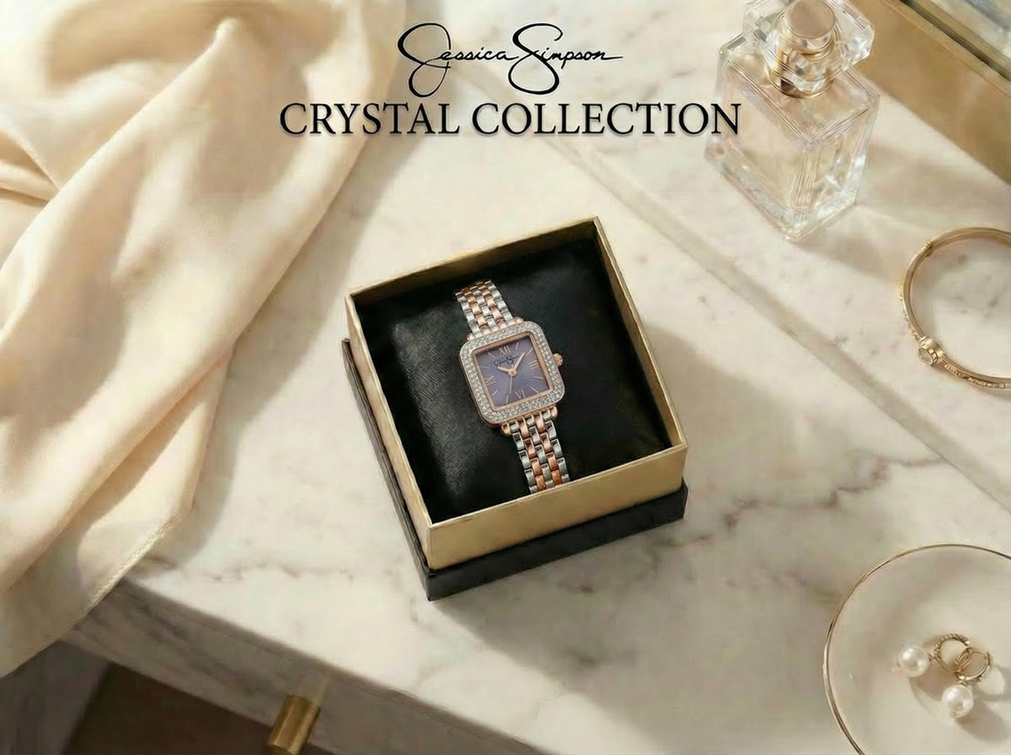 Jessica Simpson Women’s Square Silver Watch 23.5mm Lavender Dial Crystal Bezel Bracelet