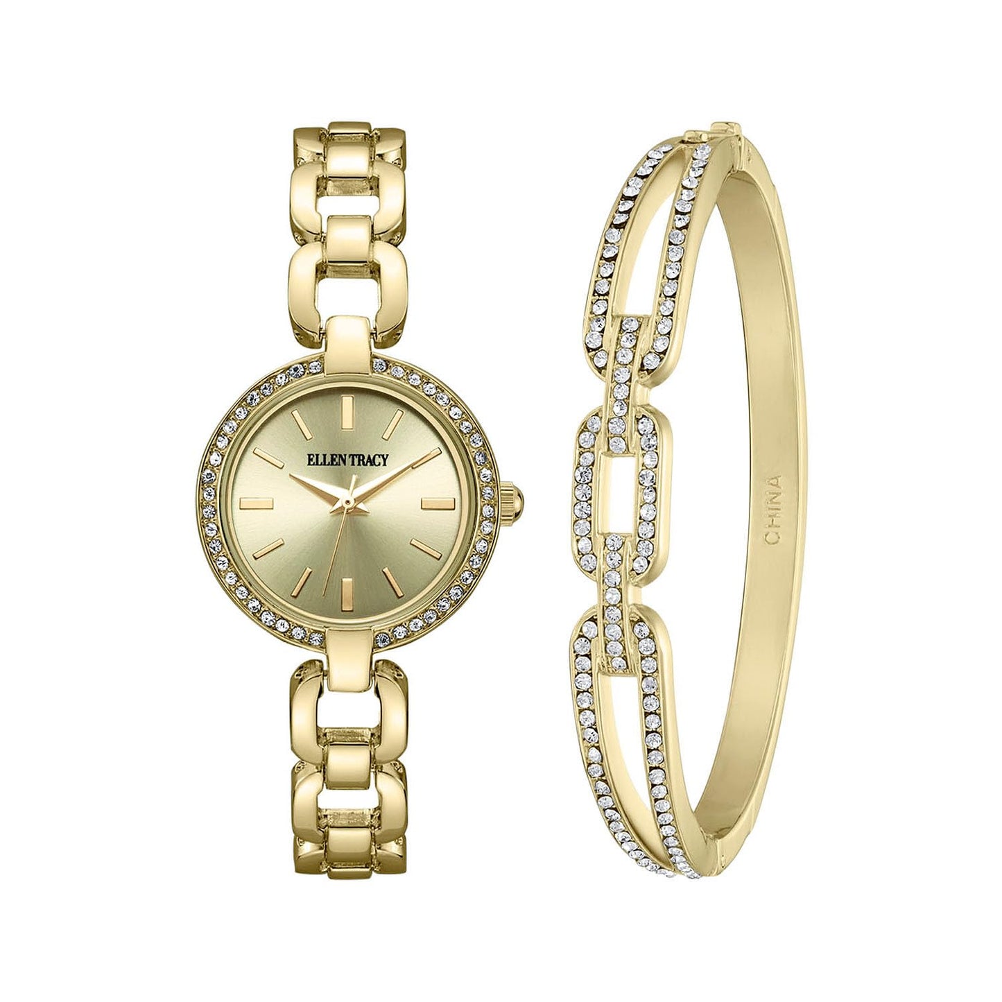 ELLEN TRACY Women's 28mm Round Goldtone Watch and Bangle Gift Set, Champagne Dial, Crystal Accents