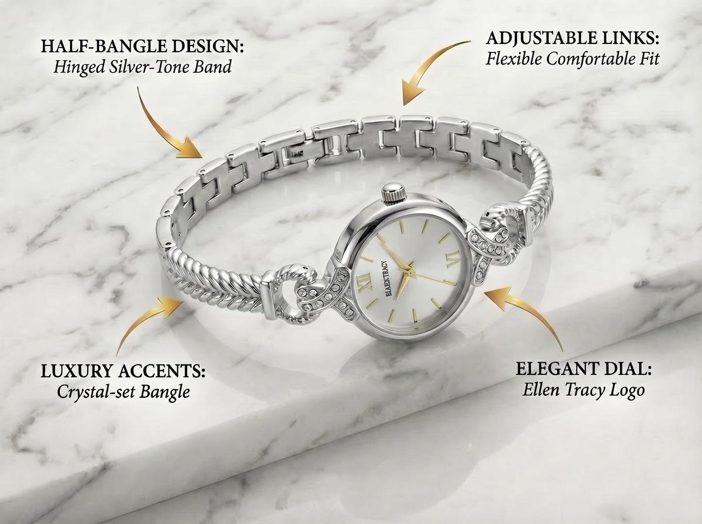 ELLEN TRACY Women's 24mm Round Silvertone Watch, Silver Dial, Half Bangle Band