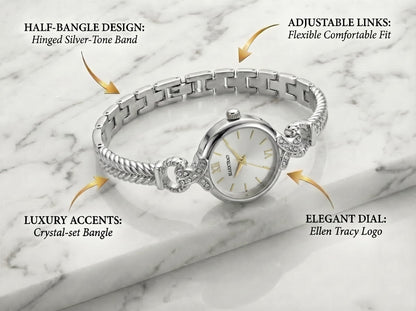ELLEN TRACY Women's 24mm Round Silvertone Watch, Silver Dial, Half Bangle Band