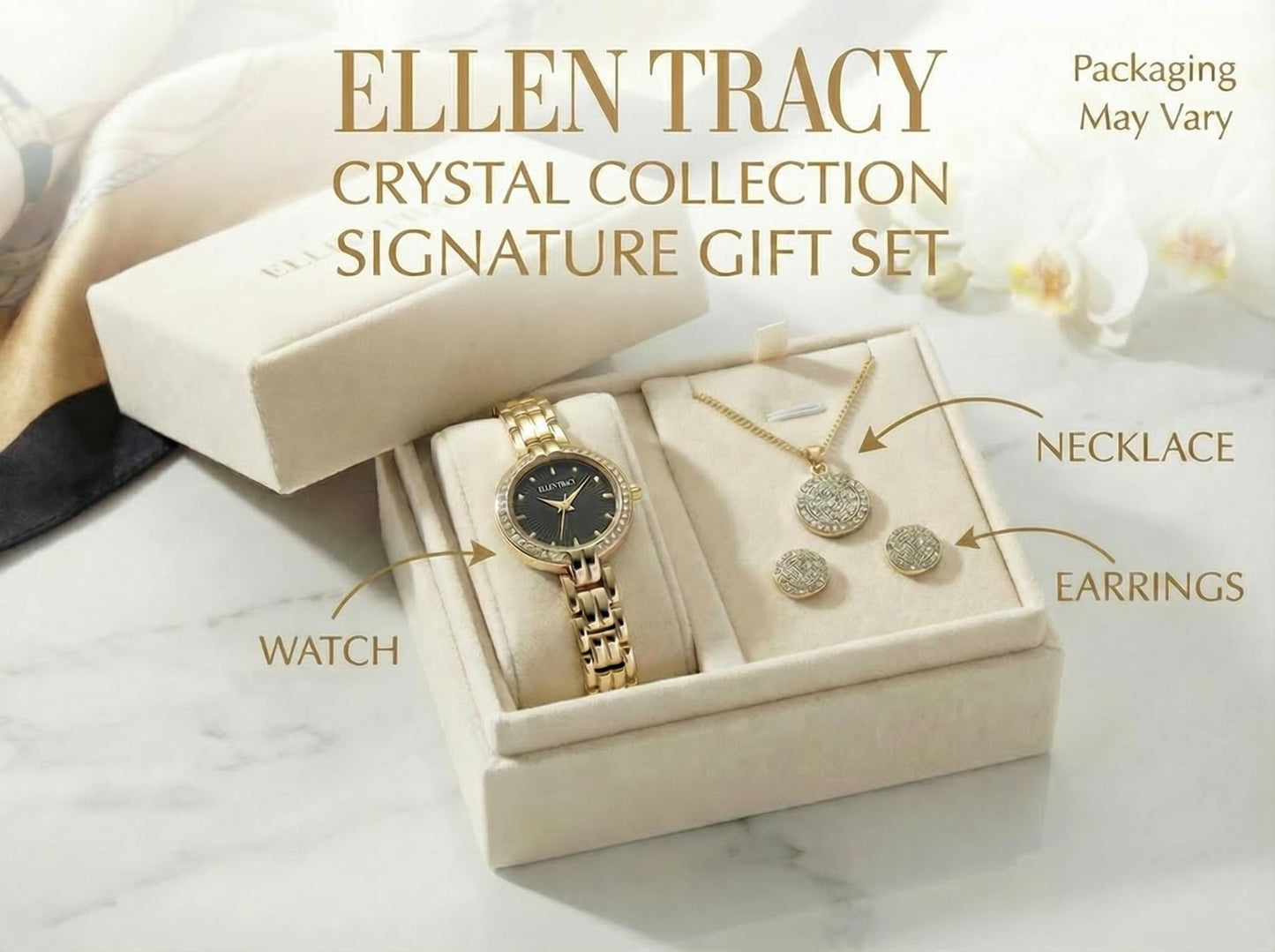 ELLEN TRACY Women's 24mm Round Goldtone Watch and Jewelry Gift Set, Black Dial, Crystal Accents