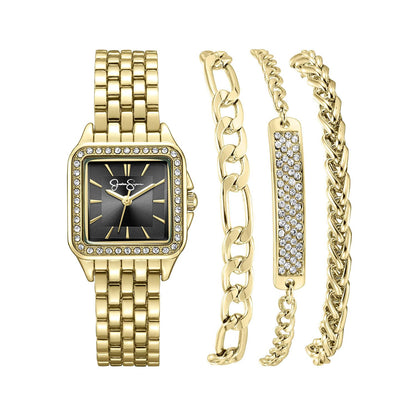 Jessica Simpson Women’s Watch Set Gold Cushion 25mm Black Dial Bracelet Set