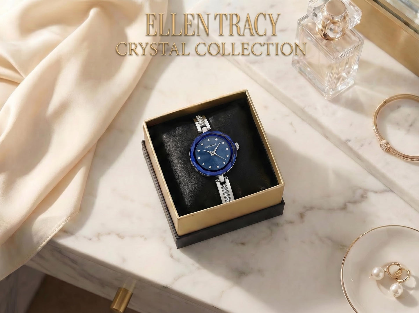 ELLEN TRACY Women's 23mm Round Silvertone Watch, Blue Dial, Crystal Accents, Half Bangle Band
