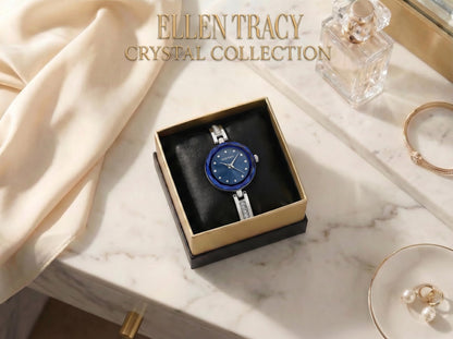 ELLEN TRACY Women's 23mm Round Silvertone Watch, Blue Dial, Crystal Accents, Half Bangle Band