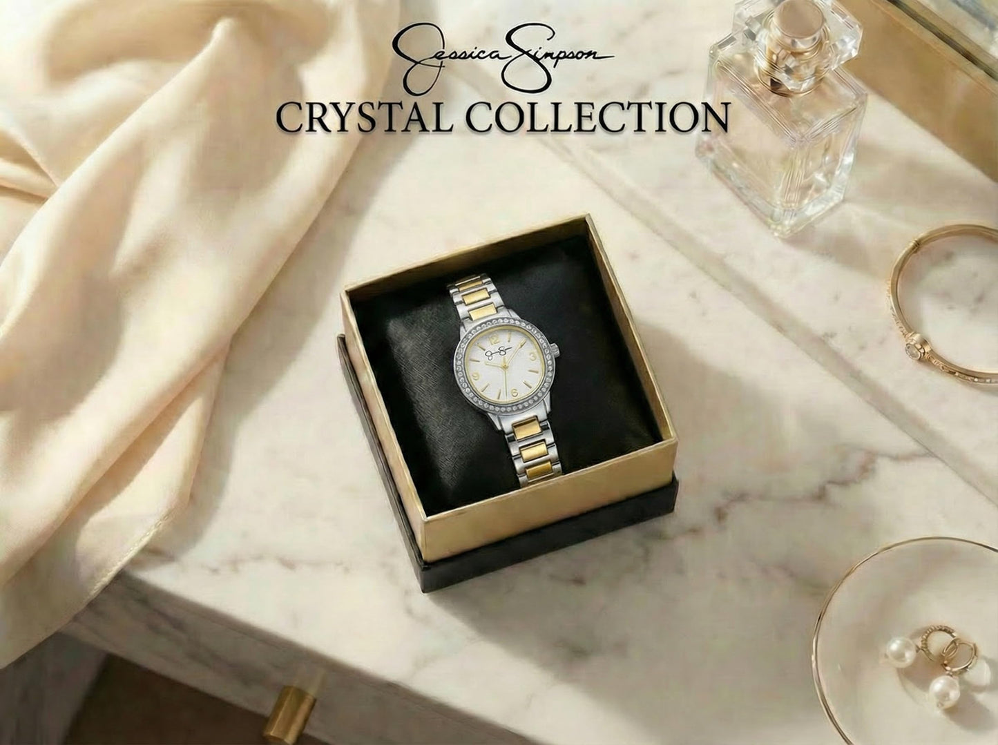 Jessica Simpson Women’s Round Two Tone Watch 30mm White Dial Crystal Bezel