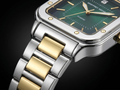 Geoffrey Beene Men’s Cushion Two Tone Watch 41mm Green Gradient Sunray Dial Bracelet Diamond Accent