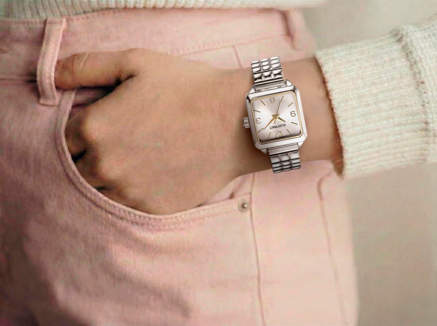 ELLEN TRACY Women's 33mm Square Silvertone Watch, Silver Dial, Expansion Band