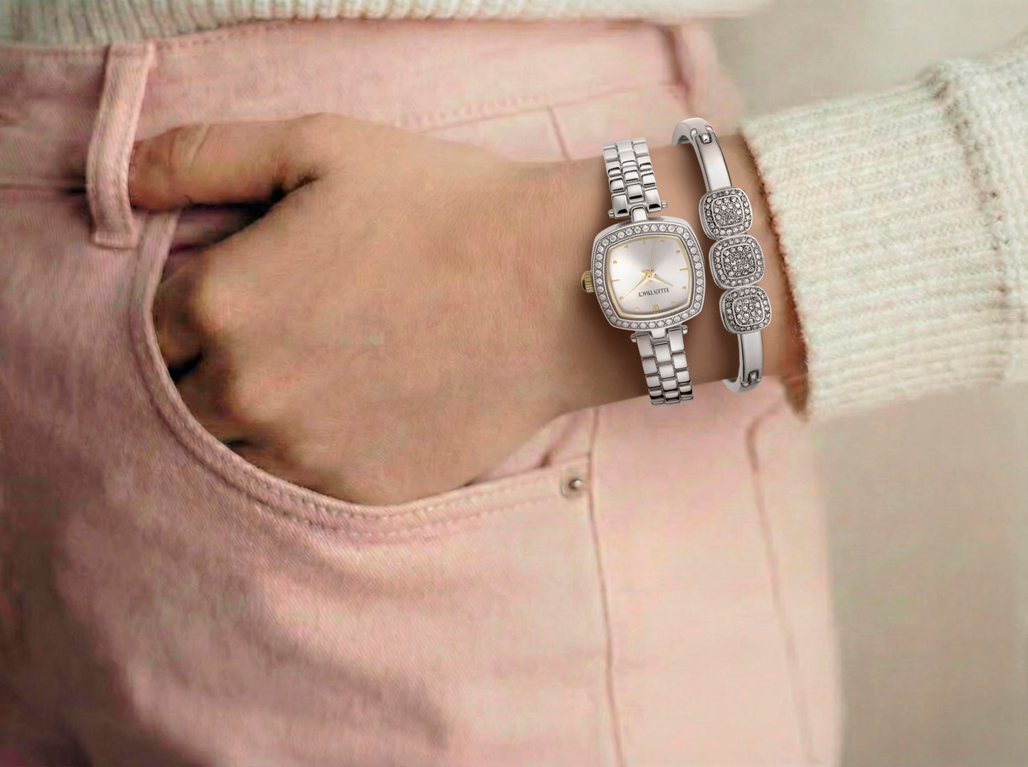 ELLEN TRACY Women's 22mm Cushion Silvertone Watch and Bangle Gift Set, Silver Dial, Crystal Accents