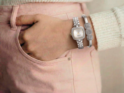 ELLEN TRACY Women's 22mm Cushion Silvertone Watch and Bangle Gift Set, Silver Dial, Crystal Accents