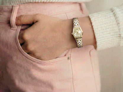 ELLEN TRACY Women's 21mm Hexagon Two Tone Silver/Gold Watch, Champagne Dial, Mesh Band