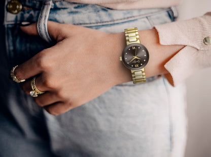 Jessica Simpson Women’s Round Gold Watch 28mm Black Sunray Dial