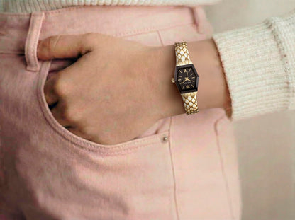ELLEN TRACY Women's 21mm Hexagon Goldtone Watch, Black Dial, Mesh Band