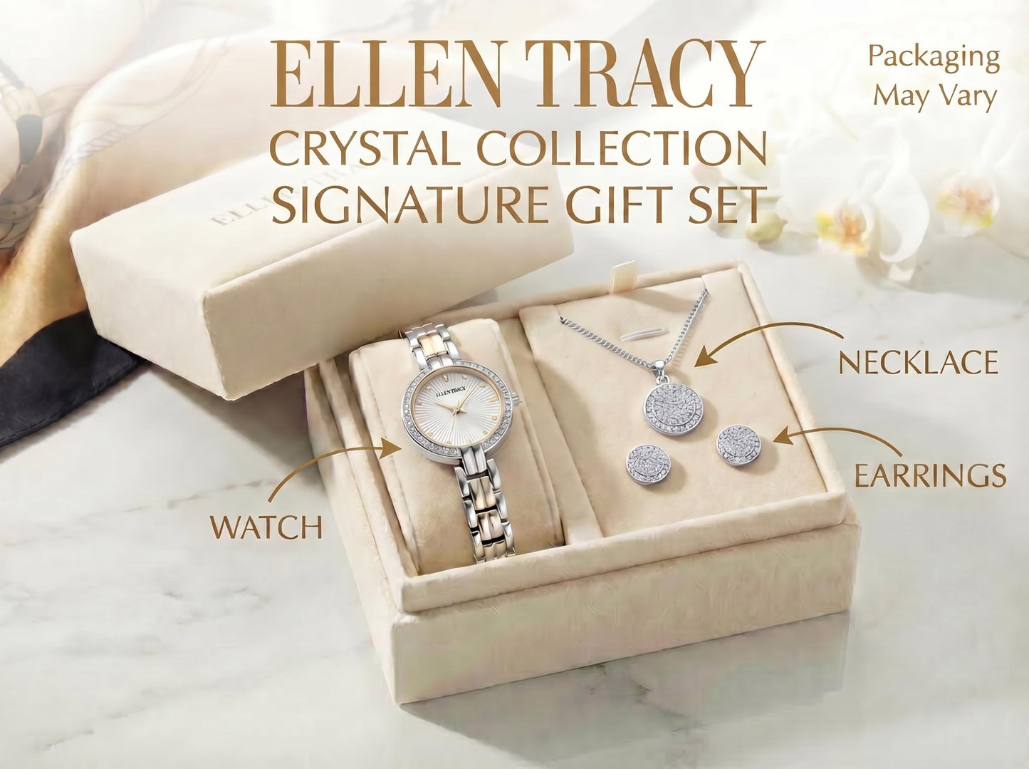 ELLEN TRACY Women's 24mm Round Silvertone Watch and Jewelry Gift Set, White Dial, Crystal Accents
