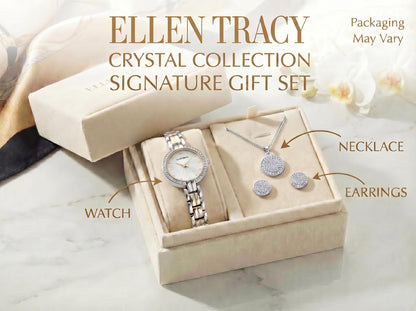 ELLEN TRACY Women's 24mm Round Silvertone Watch and Jewelry Gift Set, White Dial, Crystal Accents