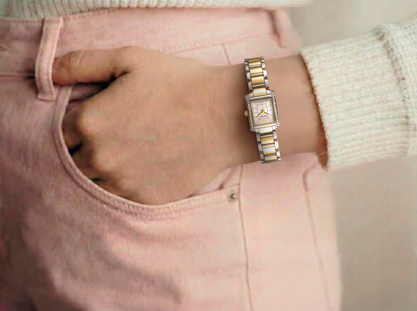 ELLEN TRACY Women's 20mm Rectangle Two Tone Silver/Gold Watch, Silver Dial, Crystal Accents, Bracelet Band