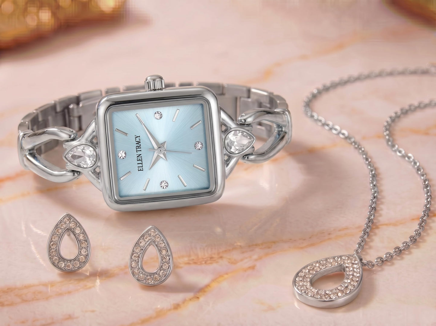ELLEN TRACY Women's 20mm Rectangle Silvertone Watch and Jewelry Gift Set, Blue Dial, Crystal Accents