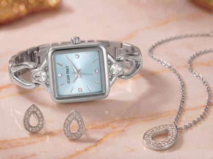 ELLEN TRACY Women's 20mm Rectangle Silvertone Watch and Jewelry Gift Set, Blue Dial, Crystal Accents