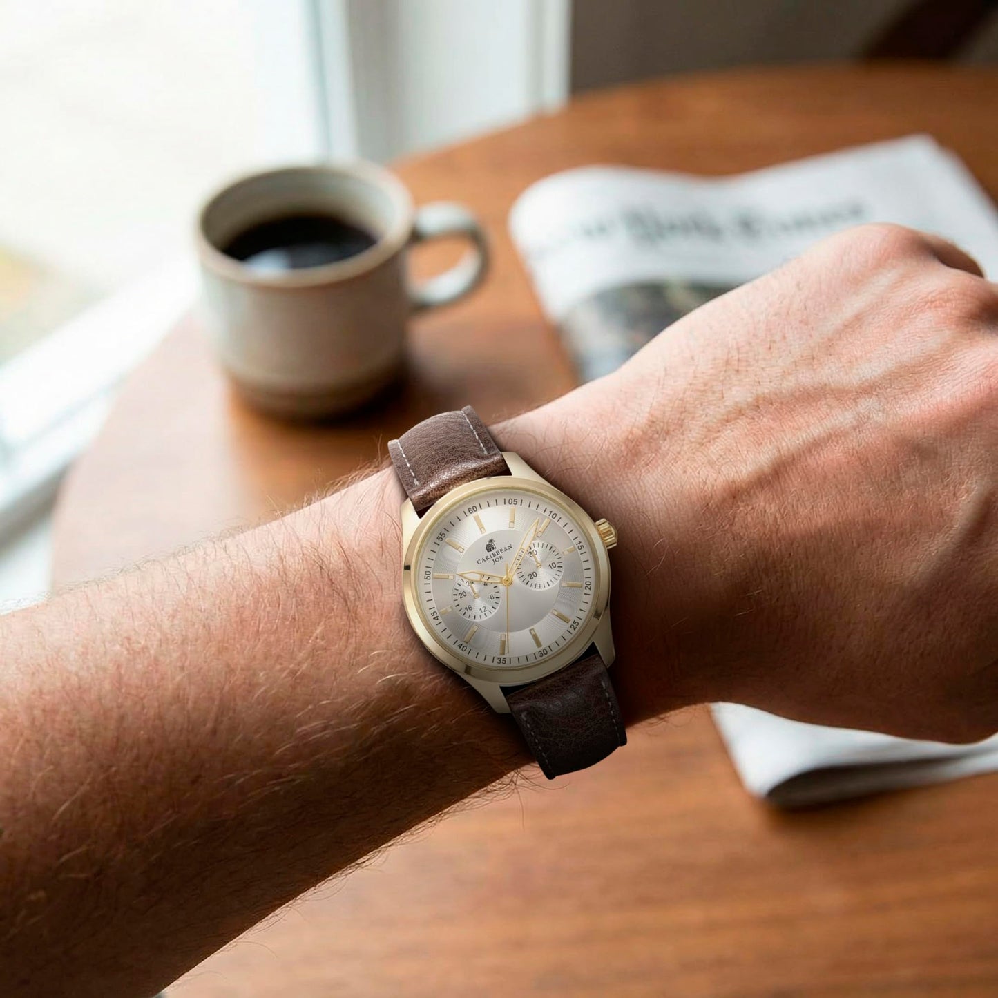 CARIBBEAN JOE Men’s Analog Watch with Silver Sunray Two-Zone Dial, Gold-Tone 41mm Round Case, Decorative Subdials, Brown Vegan Leather Strap, Quartz Movement, Casual Dress Wrist Watch