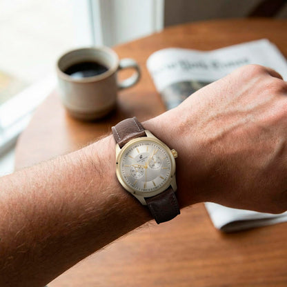 CARIBBEAN JOE Men’s Analog Watch with Silver Sunray Two-Zone Dial, Gold-Tone 41mm Round Case, Decorative Subdials, Brown Vegan Leather Strap, Quartz Movement, Casual Dress Wrist Watch
