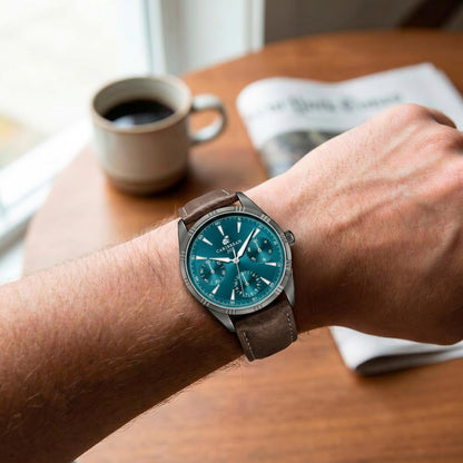 CARIBBEAN JOE Men’s Watch, 41mm Round Case, Light Gunmetal, Green Sunray Dial, Triangle Luminous Markers, Decorative Dial Markers, Brown PU Strap