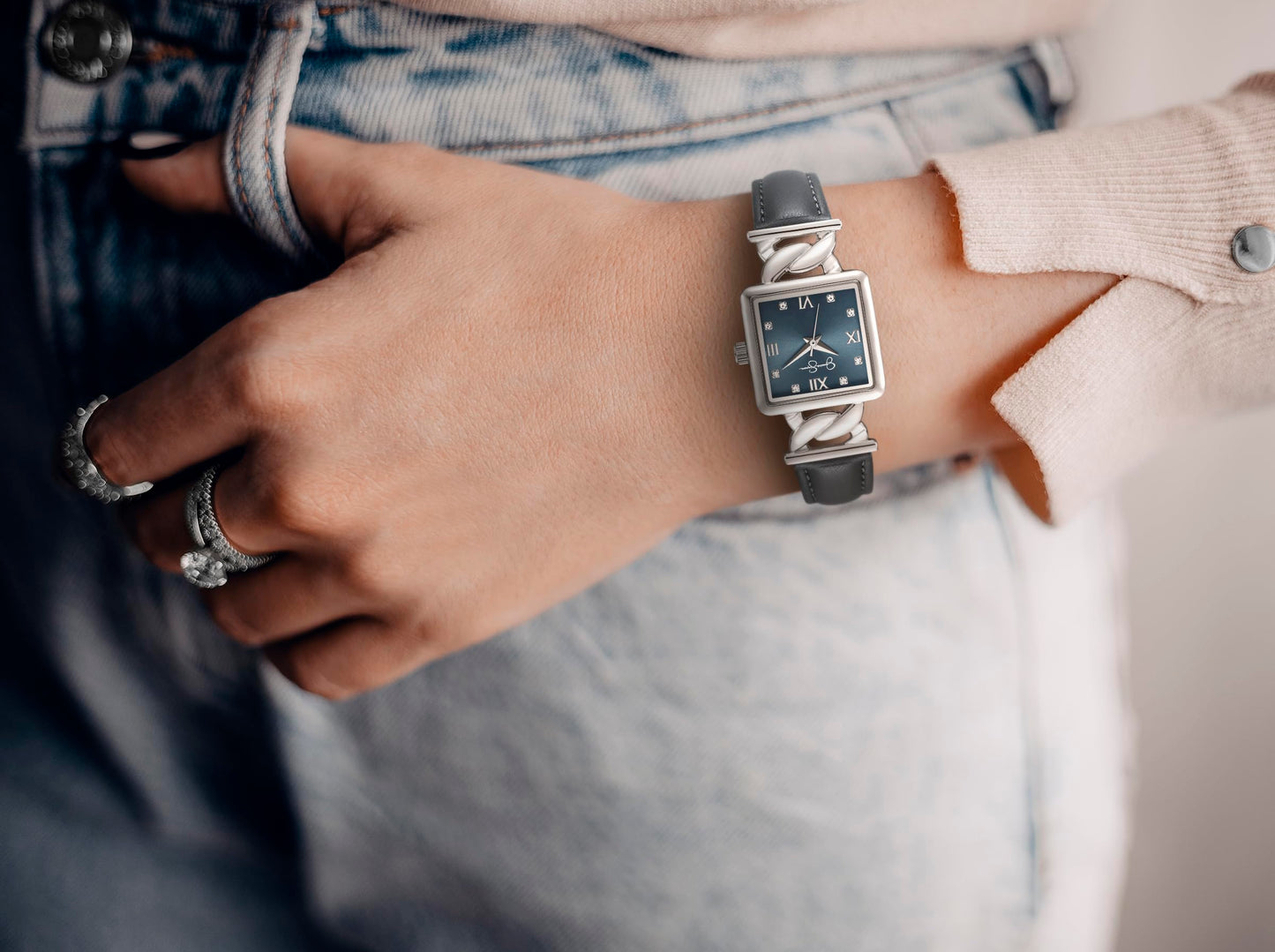 Jessica Simpson Women’s Square Silver Watch 23mm Teal Dial PU Strap