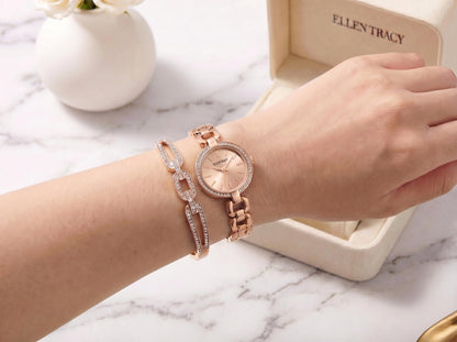 ELLEN TRACY Women's 28mm Round Rose Goldtone Watch and Bangle Gift Set, Rose Gold Dial, Crystal Accents