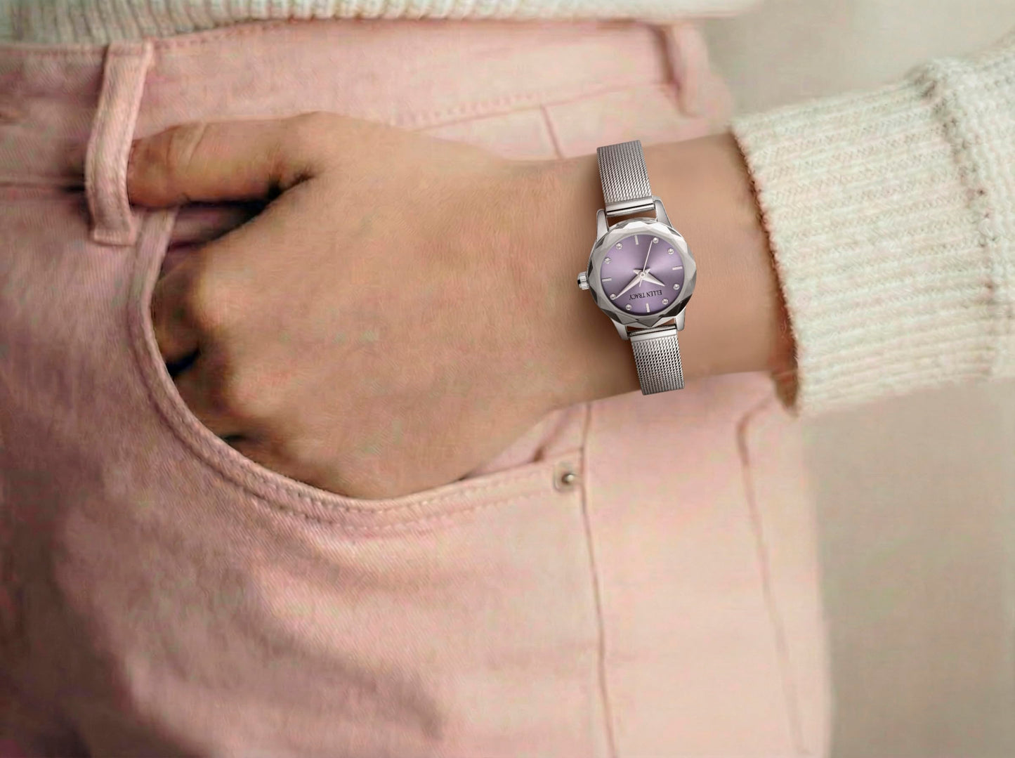 ELLEN TRACY Women's 22mm Round Silvertone Watch, Purple Dial, Crystal Accents, Mesh Band