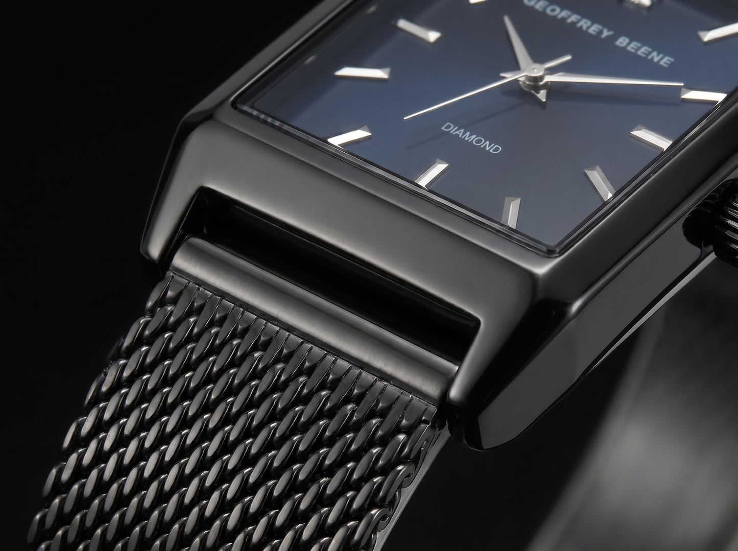 Geoffrey Beene Men’s Rectangular Gunmetal Watch 33mm Blue Sunray Dial Mesh Bracelet Diamond Accent