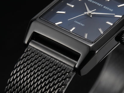 Geoffrey Beene Men’s Rectangular Gunmetal Watch 33mm Blue Sunray Dial Mesh Bracelet Diamond Accent