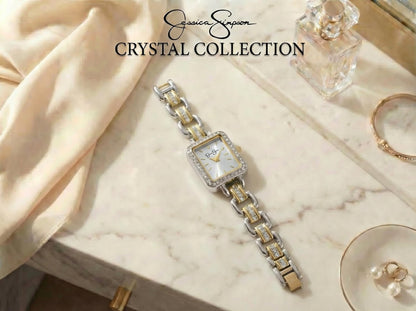 Jessica Simpson Women’s Rectangular Two Tone Watch 20mm Silver Sunray Dial Crystal Bracelet