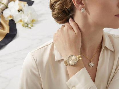 ELLEN TRACY Women's 25mm Round Goldtone Watch and Jewelry Gift Set, Champagne Dial, Crystal Accents