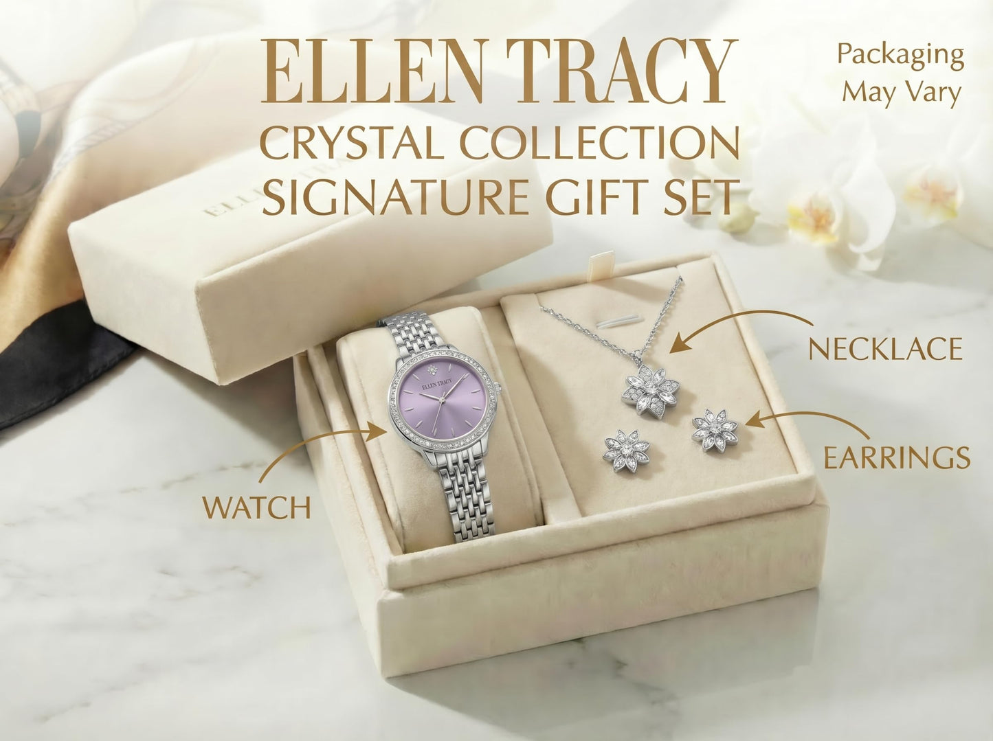 ELLEN TRACY Women's 25mm Round Silvertone Watch and Jewelry Gift Set, Lavender Dial, Crystal Accents