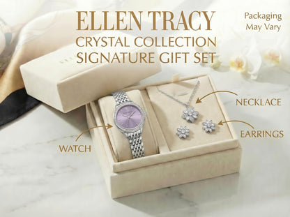 ELLEN TRACY Women's 25mm Round Silvertone Watch and Jewelry Gift Set, Lavender Dial, Crystal Accents