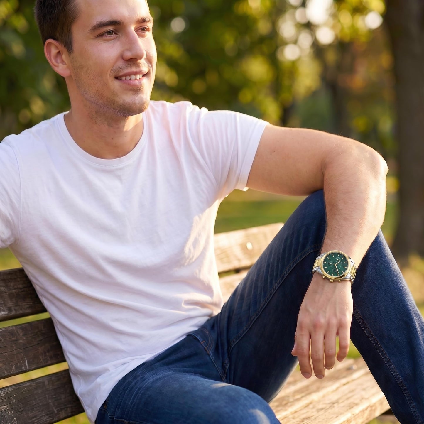 Geoffrey Beene Men’s Round Two Tone Watch 43mm Dark Teal Sunray Dial Bracelet Diamond Accent
