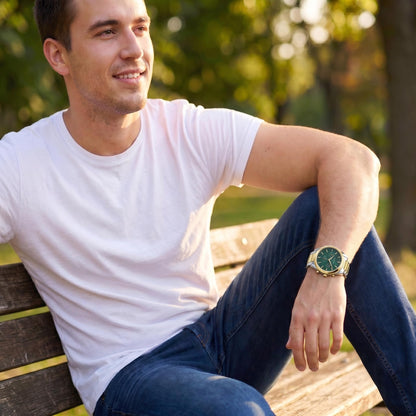 Geoffrey Beene Men’s Round Two Tone Watch 43mm Dark Teal Sunray Dial Bracelet Diamond Accent