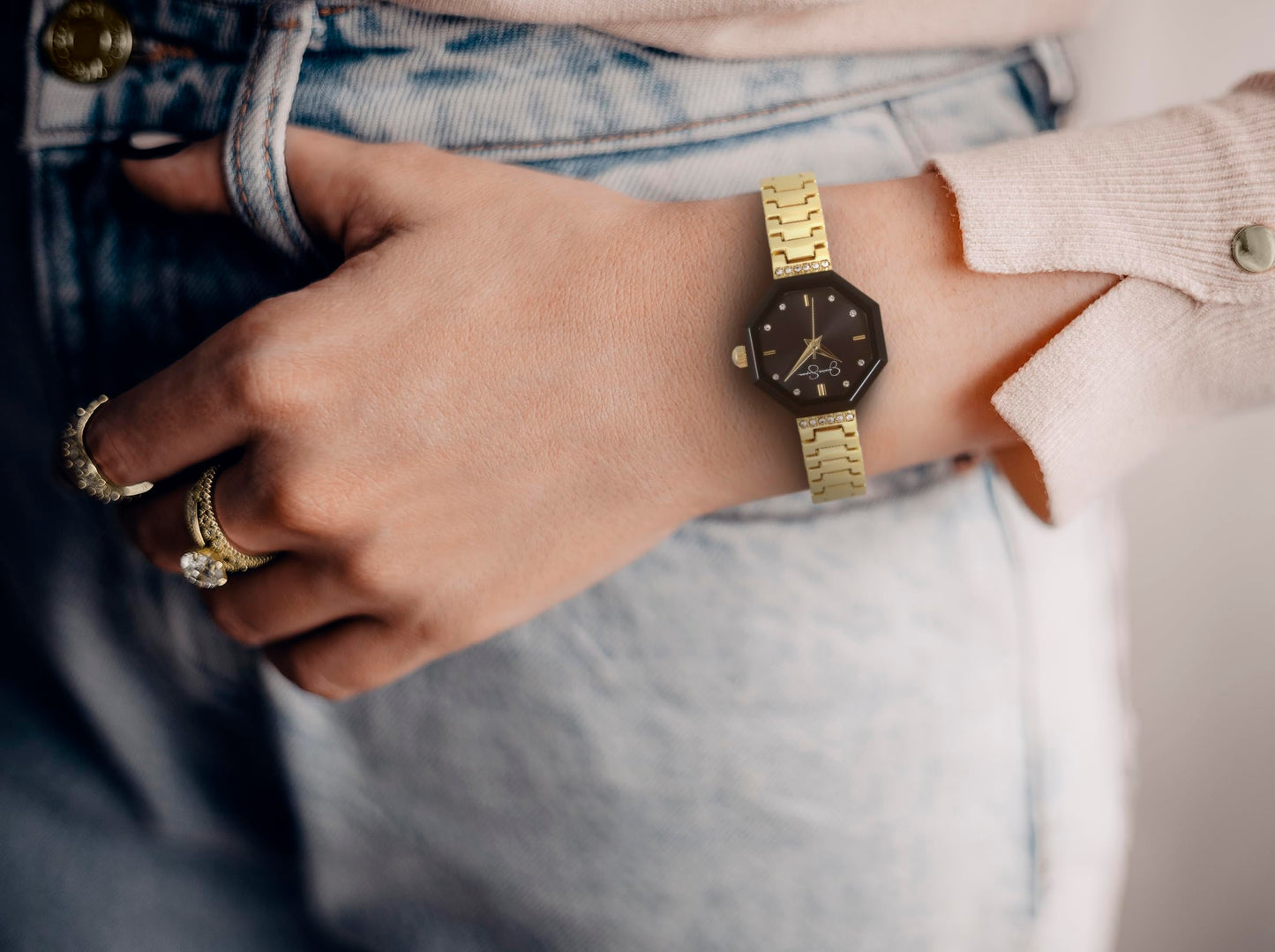Jessica Simpson Women’s Octagon Gold Watch 24mm Black Sunray Dial Crystal Accents