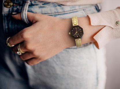 Jessica Simpson Women’s Octagon Gold Watch 24mm Black Sunray Dial Crystal Accents