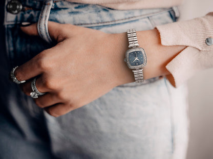 Jessica Simpson Women’s Cushion Silver Watch 22mm Teal Sunray Dial Crystal Bracelet