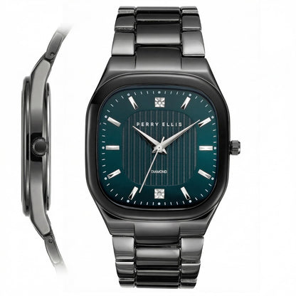 Perry Ellis Ultra Slim Men’s Watch – Cushion Light Gun 40mm Case, Teal Blue Hydraulic Press Center Dial with Sunray Finish, Two 0.9mm Diamond Accents, Silver Faceted Indexes, Alloy Bracelet
