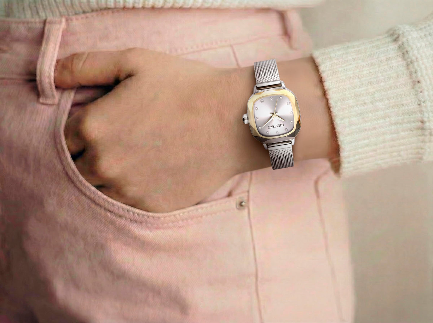 ELLEN TRACY Women's 22.5mm Cushion Two Tone Silver/Gold Watch, Silver Dial, Crystal Accents, Mesh Band