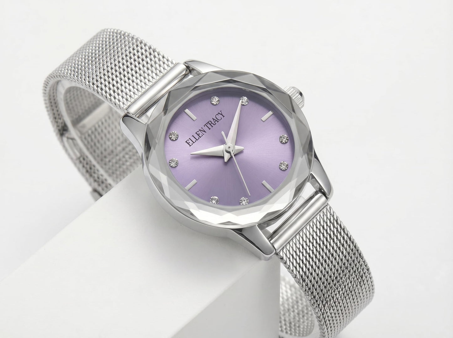 ELLEN TRACY Women's 22mm Round Silvertone Watch, Purple Dial, Crystal Accents, Mesh Band