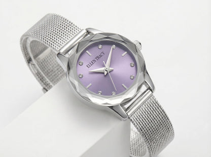 ELLEN TRACY Women's 22mm Round Silvertone Watch, Purple Dial, Crystal Accents, Mesh Band