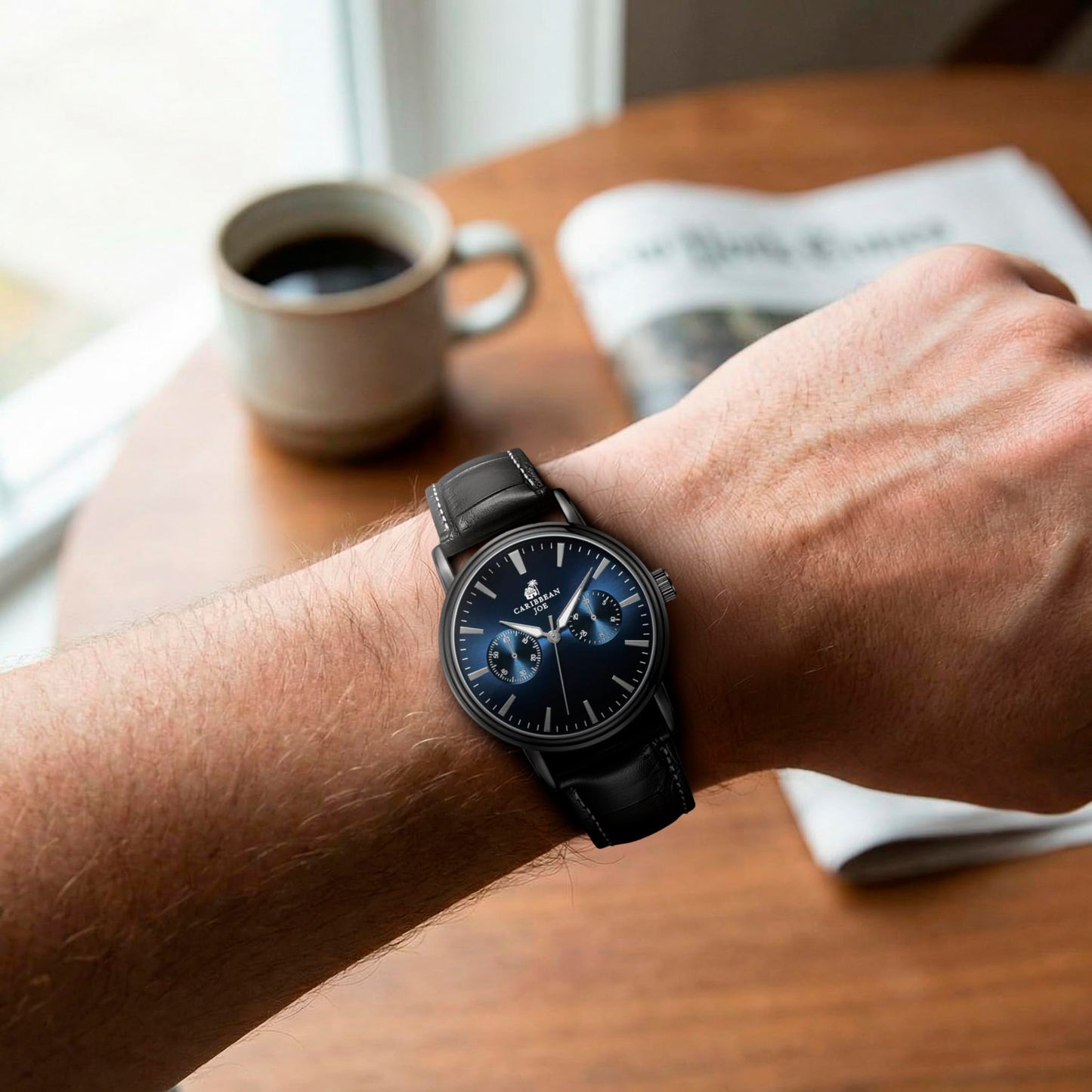 CARIBBEAN JOE Men’s Analog Watch with Blue Gradient Sunray Dial, Gunmetal 41mm Round Case, Decorative Subdials, Black Vegan Leather Strap, Quartz Movement, Casual Dress Wrist Watch