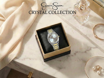 Jessica Simpson Women’s Round Two Tone Watch 32mm Silver Sunray Dial Crystal Bezel