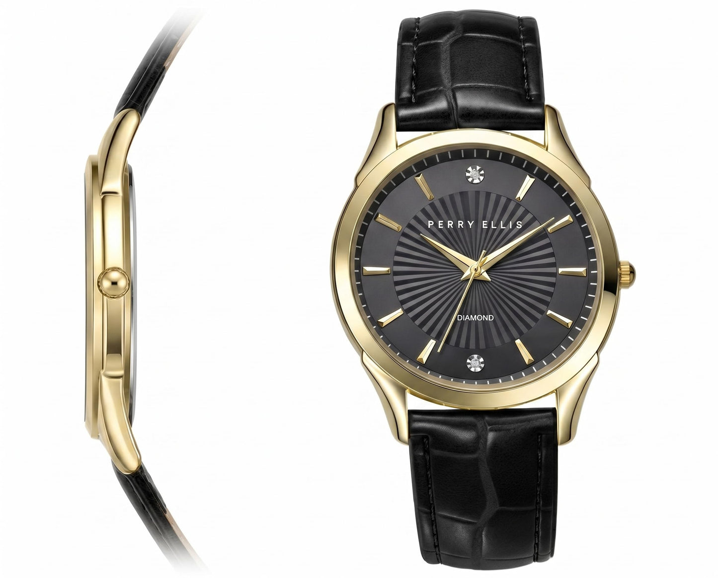 Perry Ellis Ultra Slim Men’s Round Gold Watch 41mm Black Textured Dial PU Strap Diamond Accent