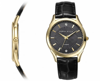 Perry Ellis Ultra Slim Men’s Round Gold Watch 41mm Black Textured Dial PU Strap Diamond Accent