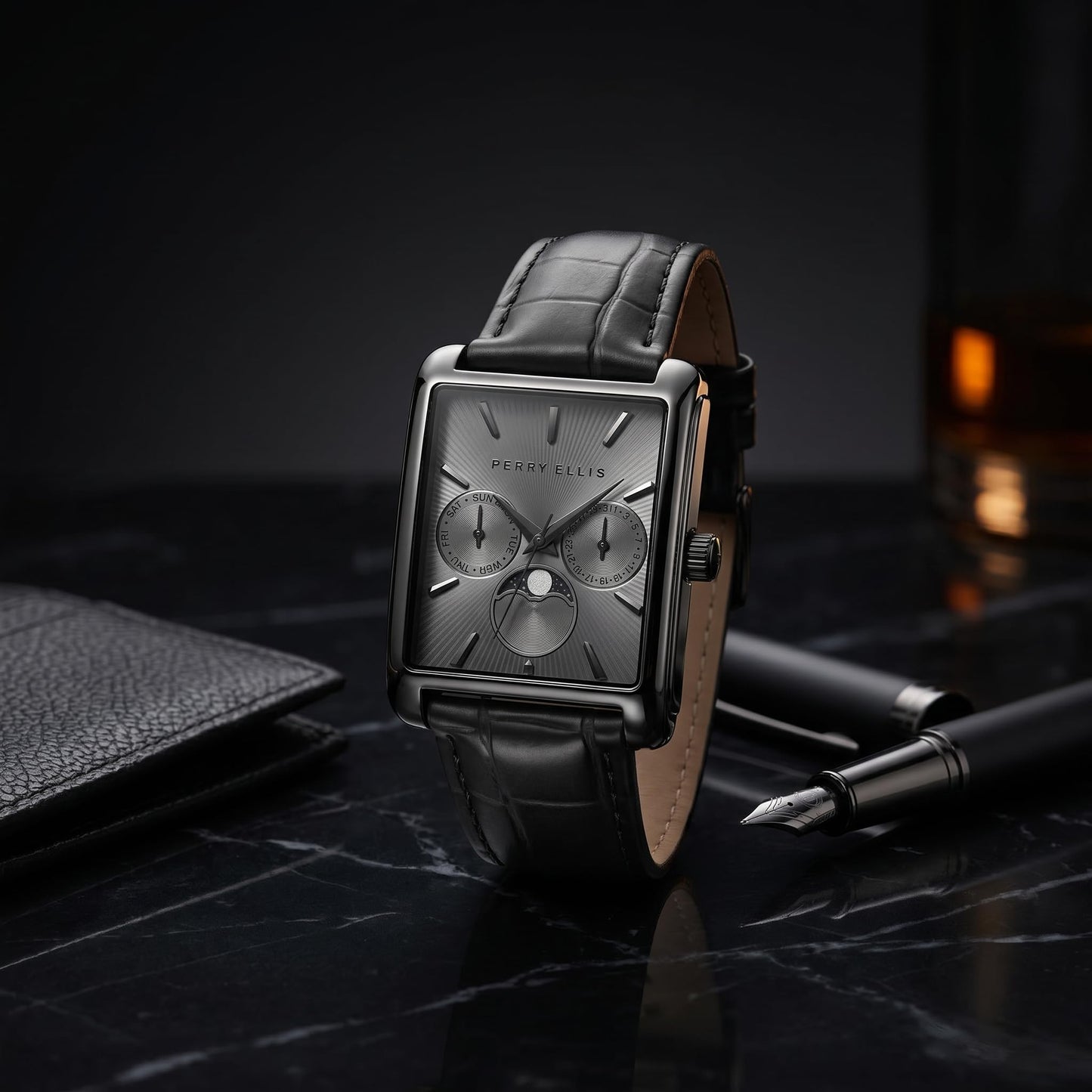 Perry Ellis Men's Rectangular Moonphase Watch, Textured Dial, PU Strap
